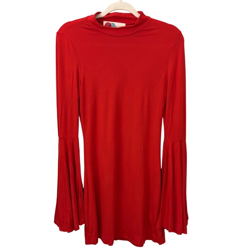 Free People Beach Red Mock Neck Bell Sleeve Mini Dress S P Made USA - Picture 2 of 8
